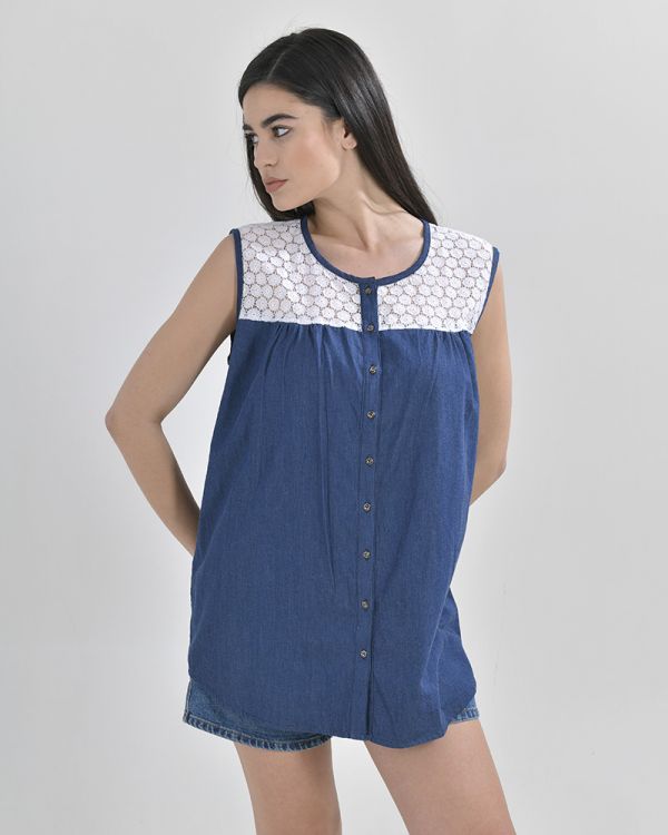 ΜΠΛΟΥΖΑ ΑΜΑΝΙΚΗ DENIM ΜΕ ΛΕΥΚΟ ΚΕΝΤΗΜΑ O